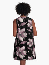 Load image into Gallery viewer, A-line or swing dress featuring original hand-painted watercolor painting by artist Elizabeth Becker. Minimal modern flowy summer tent dress with floral design. Monochromatic soft mauve and muted eggplant purple on black background. Loose expressive botanical flowers.