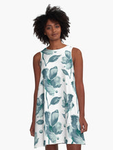 Load image into Gallery viewer, A-line or swing dress featuring original hand-painted watercolor painting by artist Elizabeth Becker. Minimal modern flowy summer tent dress with floral design. Monochromatic soft moonstone blue-green, teal, turquoise and white colors. Loose expressive botanical flowers.