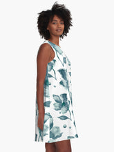 Load image into Gallery viewer, A-line or swing dress featuring original hand-painted watercolor painting by artist Elizabeth Becker. Minimal modern flowy summer tent dress with floral design. Monochromatic soft moonstone blue-green, teal, turquoise and white colors. Loose expressive botanical flowers.