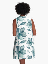 Load image into Gallery viewer, A-line or swing dress featuring original hand-painted watercolor painting by artist Elizabeth Becker. Minimal modern flowy summer tent dress with floral design. Monochromatic soft moonstone blue-green, teal, turquoise and white colors. Loose expressive botanical flowers.