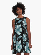 Load image into Gallery viewer, A-line or swing dress featuring original hand-painted watercolor painting by artist Elizabeth Becker. Minimal modern flowy summer tent dress with floral design. Moonstone blue-green, turquoise and teal on black background. Loose expressive botanical flowers.