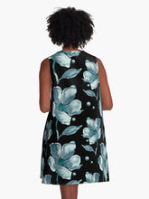 Load image into Gallery viewer, A-line or swing dress featuring original hand-painted watercolor painting by artist Elizabeth Becker. Minimal modern flowy summer tent dress with floral design. Moonstone blue-green, turquoise and teal on black background. Loose expressive botanical flowers.