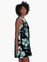 Load image into Gallery viewer, A-line or swing dress featuring original hand-painted watercolor painting by artist Elizabeth Becker. Minimal modern flowy summer tent dress with floral design. Moonstone blue-green, turquoise and teal on black background. Loose expressive botanical flowers.