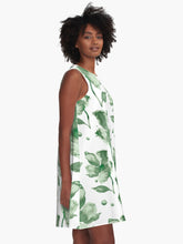 Load image into Gallery viewer, A-line or swing dress featuring original hand-painted watercolor painting by artist Elizabeth Becker. Minimal modern flowy summer tent dress with floral design. Monochromatic soft green and white colors. Loose expressive botanical flowers.