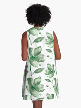 Load image into Gallery viewer, A-line or swing dress featuring original hand-painted watercolor painting by artist Elizabeth Becker. Minimal modern flowy summer tent dress with floral design. Monochromatic soft green and white colors. Loose expressive botanical flowers.
