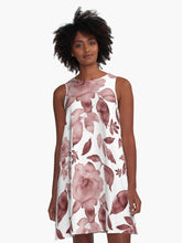 Load image into Gallery viewer, A-line or swing dress featuring original hand-painted watercolor painting by artist Elizabeth Becker. Minimal modern flowy summer tent dress with floral design. Monochromatic muted maroon red and white colors. Loose expressive botanical rose flowers and leaves.