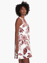 Load image into Gallery viewer, A-line or swing dress featuring original hand-painted watercolor painting by artist Elizabeth Becker. Minimal modern flowy summer tent dress with floral design. Monochromatic muted maroon red and white colors. Loose expressive botanical rose flowers and leaves.