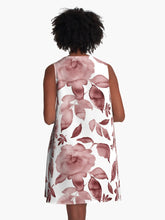 Load image into Gallery viewer, A-line or swing dress featuring original hand-painted watercolor painting by artist Elizabeth Becker. Minimal modern flowy summer tent dress with floral design. Monochromatic muted maroon red and white colors. Loose expressive botanical rose flowers and leaves.