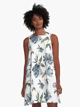 Load image into Gallery viewer, A-line or swing dress featuring original hand-painted watercolor painting by artist Elizabeth Becker. Minimal modern flowy summer tent dress with floral design. Soft blue, olive green and white colors. Vintage botanical hellebore flowers and leaves design.