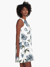 Load image into Gallery viewer, A-line or swing dress featuring original hand-painted watercolor painting by artist Elizabeth Becker. Minimal modern flowy summer tent dress with floral design. Soft blue, olive green and white colors. Vintage botanical hellebore flowers and leaves design.