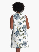 Load image into Gallery viewer, A-line or swing dress featuring original hand-painted watercolor painting by artist Elizabeth Becker. Minimal modern flowy summer tent dress with floral design. Soft blue, olive green and white colors. Vintage botanical hellebore flowers and leaves design.