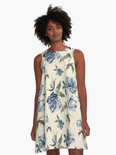 Load image into Gallery viewer, A-line or swing dress featuring original hand-painted watercolor painting by artist Elizabeth Becker. Minimal modern flowy summer tent dress with floral design. Soft blue, olive green and cream colors. Vintage botanical hellebore flowers and leaves design.