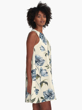 Load image into Gallery viewer, A-line or swing dress featuring original hand-painted watercolor painting by artist Elizabeth Becker. Minimal modern flowy summer tent dress with floral design. Soft blue, olive green and cream colors. Vintage botanical hellebore flowers and leaves design.