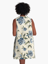 Load image into Gallery viewer, A-line or swing dress featuring original hand-painted watercolor painting by artist Elizabeth Becker. Minimal modern flowy summer tent dress with floral design. Soft blue, olive green and cream colors. Vintage botanical hellebore flowers and leaves design.