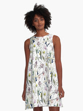 Load image into Gallery viewer, A-line or swing dress featuring original hand-painted watercolor painting by artist Elizabeth Becker. Minimal modern flowy summer tent dress with floral design. Soft pink, purple, olive green and white colors. Loose expressive botanical wildflowers.