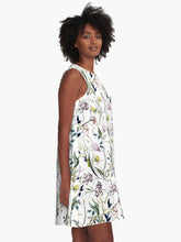 Load image into Gallery viewer, A-line or swing dress featuring original hand-painted watercolor painting by artist Elizabeth Becker. Minimal modern flowy summer tent dress with floral design. Soft pink, purple, olive green and white colors. Loose expressive botanical wildflowers.