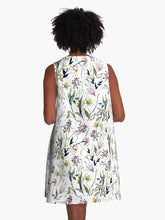 Load image into Gallery viewer, A-line or swing dress featuring original hand-painted watercolor painting by artist Elizabeth Becker. Minimal modern flowy summer tent dress with floral design. Soft pink, purple, olive green and white colors. Loose expressive botanical wildflowers.