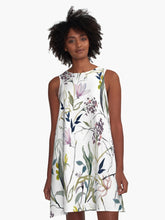 Load image into Gallery viewer, A-line or swing dress featuring original hand-painted watercolor painting by artist Elizabeth Becker. Minimal modern flowy summer tent dress with floral design. Soft pink, purple, olive green and white colors. Loose expressive botanical wildflowers.