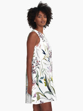 Load image into Gallery viewer, A-line or swing dress featuring original hand-painted watercolor painting by artist Elizabeth Becker. Minimal modern flowy summer tent dress with floral design. Soft pink, purple, olive green and white colors. Loose expressive botanical wildflowers.