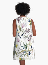 Load image into Gallery viewer, A-line or swing dress featuring original hand-painted watercolor painting by artist Elizabeth Becker. Minimal modern flowy summer tent dress with floral design. Soft pink, purple, olive green and white colors. Loose expressive botanical wildflowers.