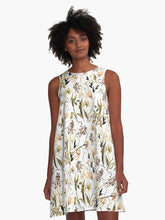 Load image into Gallery viewer, A-line or swing dress featuring original hand-painted watercolor painting by artist Elizabeth Becker. Minimal modern flowy summer tent dress with floral design. Soft peach, black, olive green and white colors. Loose expressive botanical wildflowers.