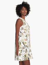 Load image into Gallery viewer, A-line or swing dress featuring original hand-painted watercolor painting by artist Elizabeth Becker. Minimal modern flowy summer tent dress with floral design. Soft peach, black, olive green and white colors. Loose expressive botanical wildflowers.