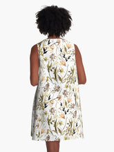 Load image into Gallery viewer, A-line or swing dress featuring original hand-painted watercolor painting by artist Elizabeth Becker. Minimal modern flowy summer tent dress with floral design. Soft peach, black, olive green and white colors. Loose expressive botanical wildflowers.