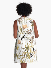 Load image into Gallery viewer, A-line or swing dress featuring original hand-painted watercolor painting by artist Elizabeth Becker. Minimal modern flowy summer tent dress with floral design. Soft peach, black, olive green and white colors. Loose expressive botanical wildflowers.