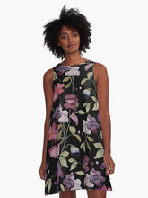 Load image into Gallery viewer, A-line or swing dress featuring original hand-painted watercolor painting by artist Elizabeth Becker. Flowy summer tent dress with floral design. Mauve purple, red, olive green on black background. Botanical flowers and leaves.