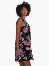 Load image into Gallery viewer, A-line or swing dress featuring original hand-painted watercolor painting by artist Elizabeth Becker. Flowy summer tent dress with floral design. Mauve purple, red, olive green on black background. Botanical flowers and leaves.