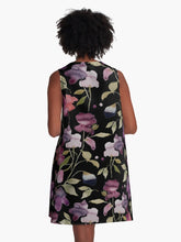 Load image into Gallery viewer, A-line or swing dress featuring original hand-painted watercolor painting by artist Elizabeth Becker. Flowy summer tent dress with floral design. Mauve purple, red, olive green on black background. Botanical flowers and leaves.