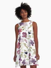 Load image into Gallery viewer, A-line or swing dress featuring original hand-painted watercolor painting by artist Elizabeth Becker. Flowy summer tent dress. Mauve purple, red, olive green and white floral design. Botanical flowers and leaves.