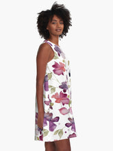 Load image into Gallery viewer, A-line or swing dress featuring original hand-painted watercolor painting by artist Elizabeth Becker. Flowy summer tent dress. Mauve purple, red, olive green and white floral design. Botanical flowers and leaves.