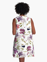 Load image into Gallery viewer, A-line or swing dress featuring original hand-painted watercolor painting by artist Elizabeth Becker. Flowy summer tent dress. Mauve purple, red, olive green and white floral design. Botanical flowers and leaves.