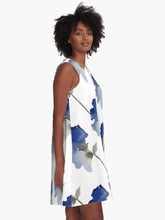 Load image into Gallery viewer, A-line or swing dress featuring original hand-painted watercolor painting by artist Elizabeth Becker. Minimal modern flowy summer tent dress with floral design. Monochromatic soft blue, gray and white colors. Loose expressive botanical flowers.