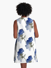 Load image into Gallery viewer, A-line or swing dress featuring original hand-painted watercolor painting by artist Elizabeth Becker. Minimal modern flowy summer tent dress with floral design. Monochromatic soft blue, gray and white colors. Loose expressive botanical flowers.