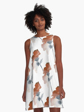 Load image into Gallery viewer, A-line or swing dress featuring original hand-painted watercolor painting by artist Elizabeth Becker. Minimal modern flowy summer tent dress with floral design. Soft rust, muted red-orange, gray and white colors. Loose expressive botanical flowers.