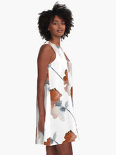 Load image into Gallery viewer, A-line or swing dress featuring original hand-painted watercolor painting by artist Elizabeth Becker. Minimal modern flowy summer tent dress with floral design. Soft rust, muted red-orange, gray and white colors. Loose expressive botanical flowers.