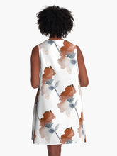Load image into Gallery viewer, A-line or swing dress featuring original hand-painted watercolor painting by artist Elizabeth Becker. Minimal modern flowy summer tent dress with floral design. Soft rust, muted red-orange, gray and white colors. Loose expressive botanical flowers.