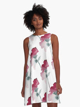 Load image into Gallery viewer, A-line or swing dress featuring original hand-painted watercolor painting by artist Elizabeth Becker. Minimal modern flowy summer tent dress with floral design. Fuchsia pink, green and white colors. Loose expressive botanical flowers.