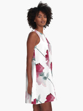 Load image into Gallery viewer, A-line or swing dress featuring original hand-painted watercolor painting by artist Elizabeth Becker. Minimal modern flowy summer tent dress with floral design. Fuchsia pink, green and white colors. Loose expressive botanical flowers.