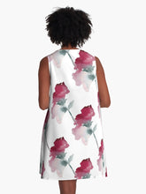 Load image into Gallery viewer, A-line or swing dress featuring original hand-painted watercolor painting by artist Elizabeth Becker. Minimal modern flowy summer tent dress with floral design. Fuchsia pink, green and white colors. Loose expressive botanical flowers.