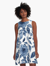 Load image into Gallery viewer, A-line or swing dress featuring original hand-painted watercolor painting by artist Elizabeth Becker. Minimal modern flowy summer tent dress with floral design. Monochromatic midnight blue and white colors. Loose expressive botanical rose flowers and leaves.