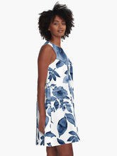 Load image into Gallery viewer, A-line or swing dress featuring original hand-painted watercolor painting by artist Elizabeth Becker. Minimal modern flowy summer tent dress with floral design. Monochromatic midnight blue and white colors. Loose expressive botanical rose flowers and leaves.