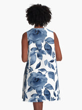 Load image into Gallery viewer, A-line or swing dress featuring original hand-painted watercolor painting by artist Elizabeth Becker. Minimal modern flowy summer tent dress with floral design. Monochromatic midnight blue and white colors. Loose expressive botanical rose flowers and leaves.