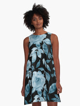 Load image into Gallery viewer, A-line or swing dress featuring original hand-painted watercolor painting by artist Elizabeth Becker. Minimal modern flowy summer tent dress with floral design. Soft blue on black background. Loose expressive botanical rose flowers and leaves.