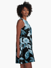 Load image into Gallery viewer, A-line or swing dress featuring original hand-painted watercolor painting by artist Elizabeth Becker. Minimal modern flowy summer tent dress with floral design. Soft blue on black background. Loose expressive botanical rose flowers and leaves.