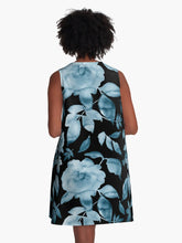 Load image into Gallery viewer, A-line or swing dress featuring original hand-painted watercolor painting by artist Elizabeth Becker. Minimal modern flowy summer tent dress with floral design. Soft blue on black background. Loose expressive botanical rose flowers and leaves.