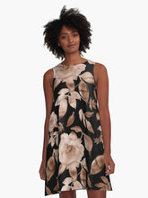 Load image into Gallery viewer, A-line or swing dress featuring original hand-painted watercolor painting by artist Elizabeth Becker. Minimal modern flowy summer tent dress with floral design. Soft sepia, sand and neutral tan brown on black background. Loose expressive botanical rose flowers and leaves.