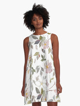 Load image into Gallery viewer, A-line or swing dress featuring original hand-painted watercolor painting by artist Elizabeth Becker. Flowy summer tent dress with floral design. Pale pink, light olive green and white colors. Botanical wild rose flowers and leaves.